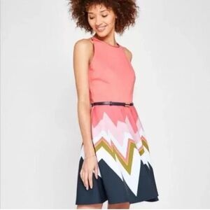 Ted Baker London Dress Womens 4 Coral Navy Sleeveless Zip Party Fit Flare Bridal